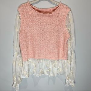 Anthropologie Pink Layered White/Gold Floral Embroidered Sleeves Size L